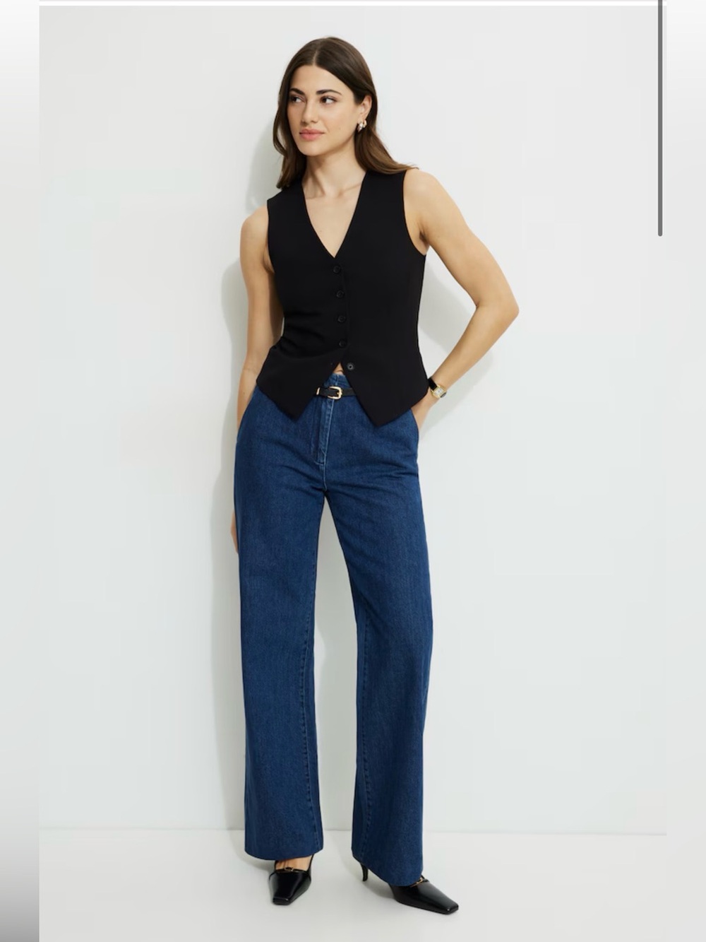Dynamite Black Buttoned V-Neck Vest with Dark Blue Wide-Leg Jeans